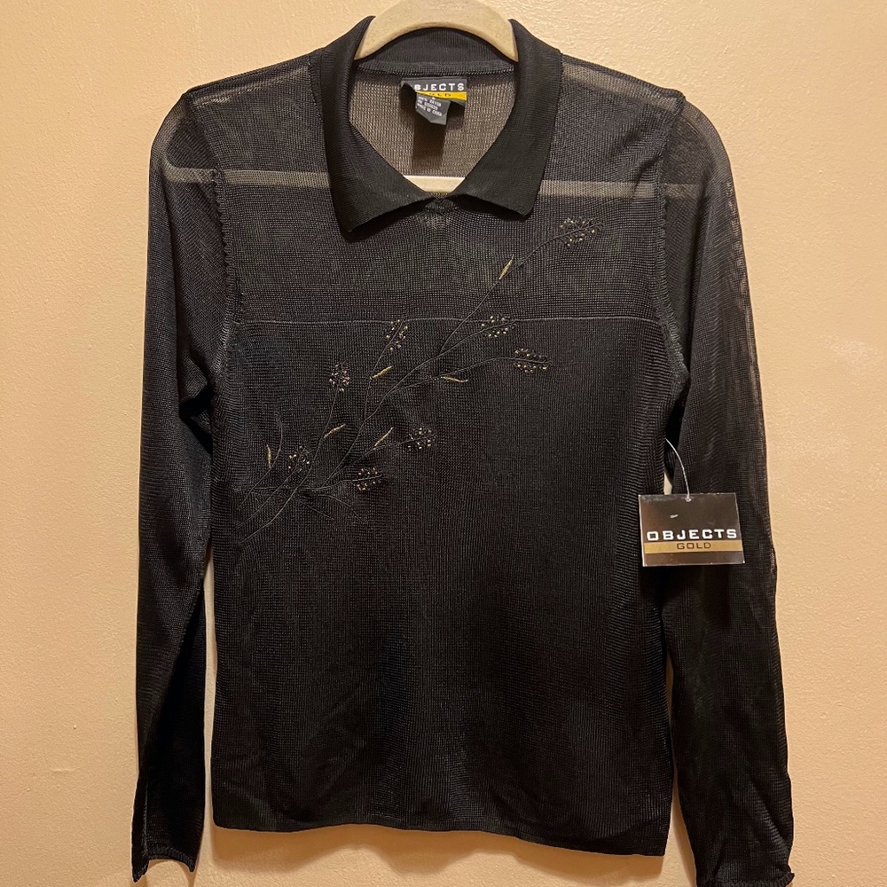 NWT Objects Gold Black blouse with gold embellishment small